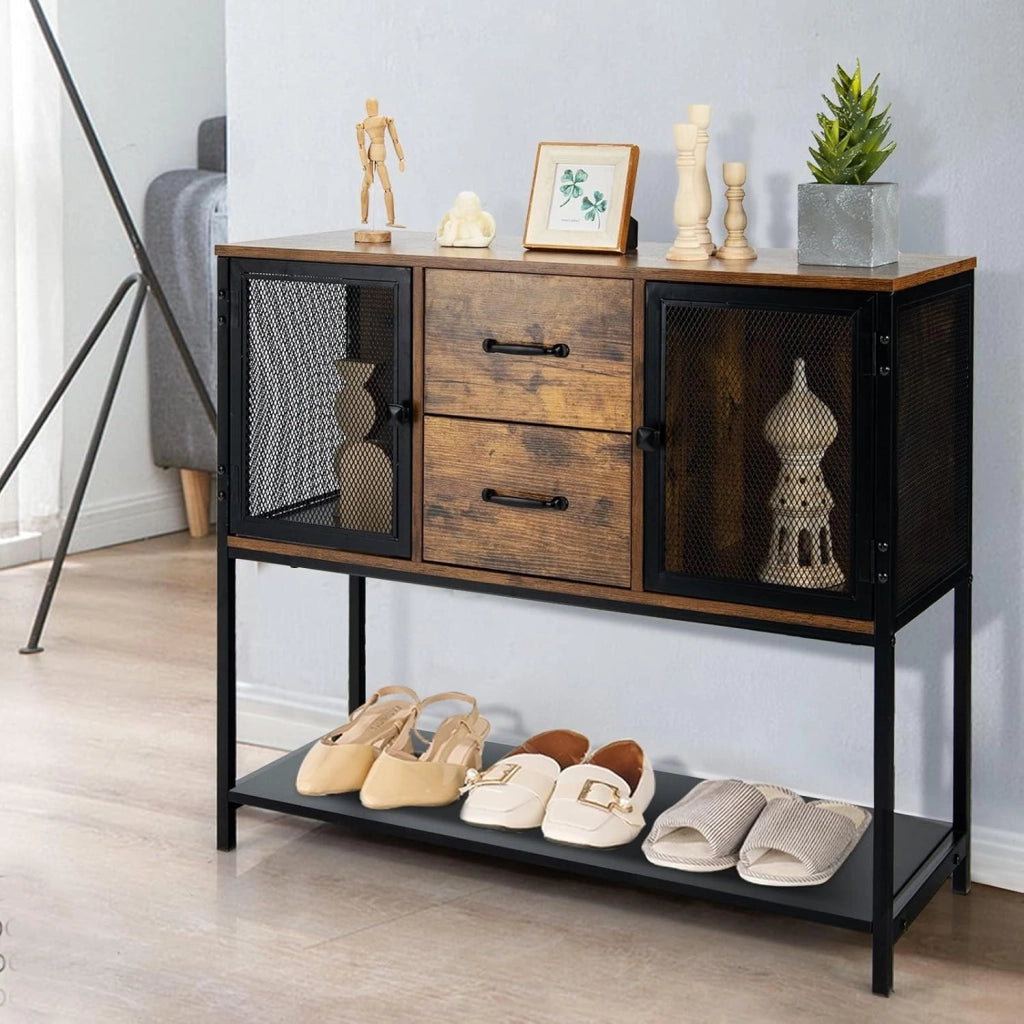 Armadietto Portaoggetti Industriale, Credenza da Cucina con Cassetti, Ante in Rete Metallica e Ripiani, Mobile Portaoggetti per Cucina Soggiorno, Sala da Pranzo, Marrone, 100 x 40 x 78 cm