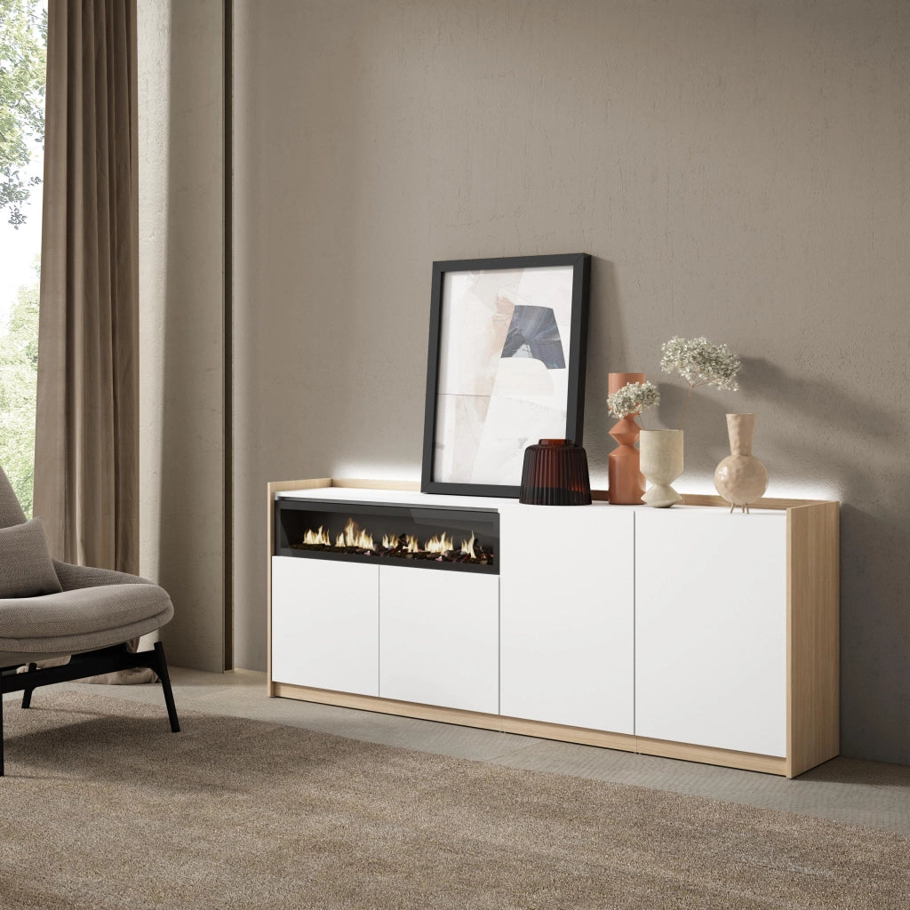 Credenza, Mobile, Cucina, 207x80x37 cm, 4 Porte, Camino elettrico, LED, Bianco e Rovere soft