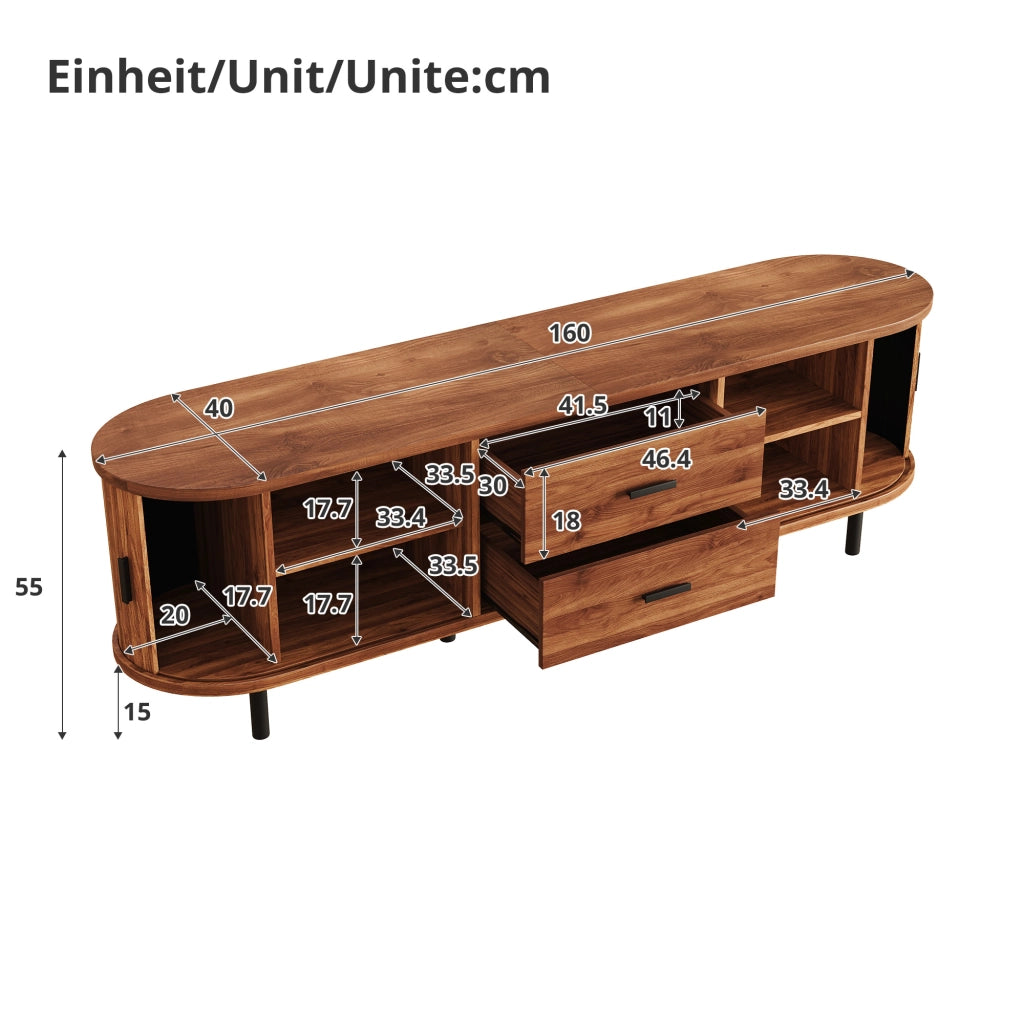 Mobile TV con 2 porte scorrevoli; 2 cassetti e 5 piedi in metallo; vani aperti; per soggiorno; 160 × 40 × 55 cm
