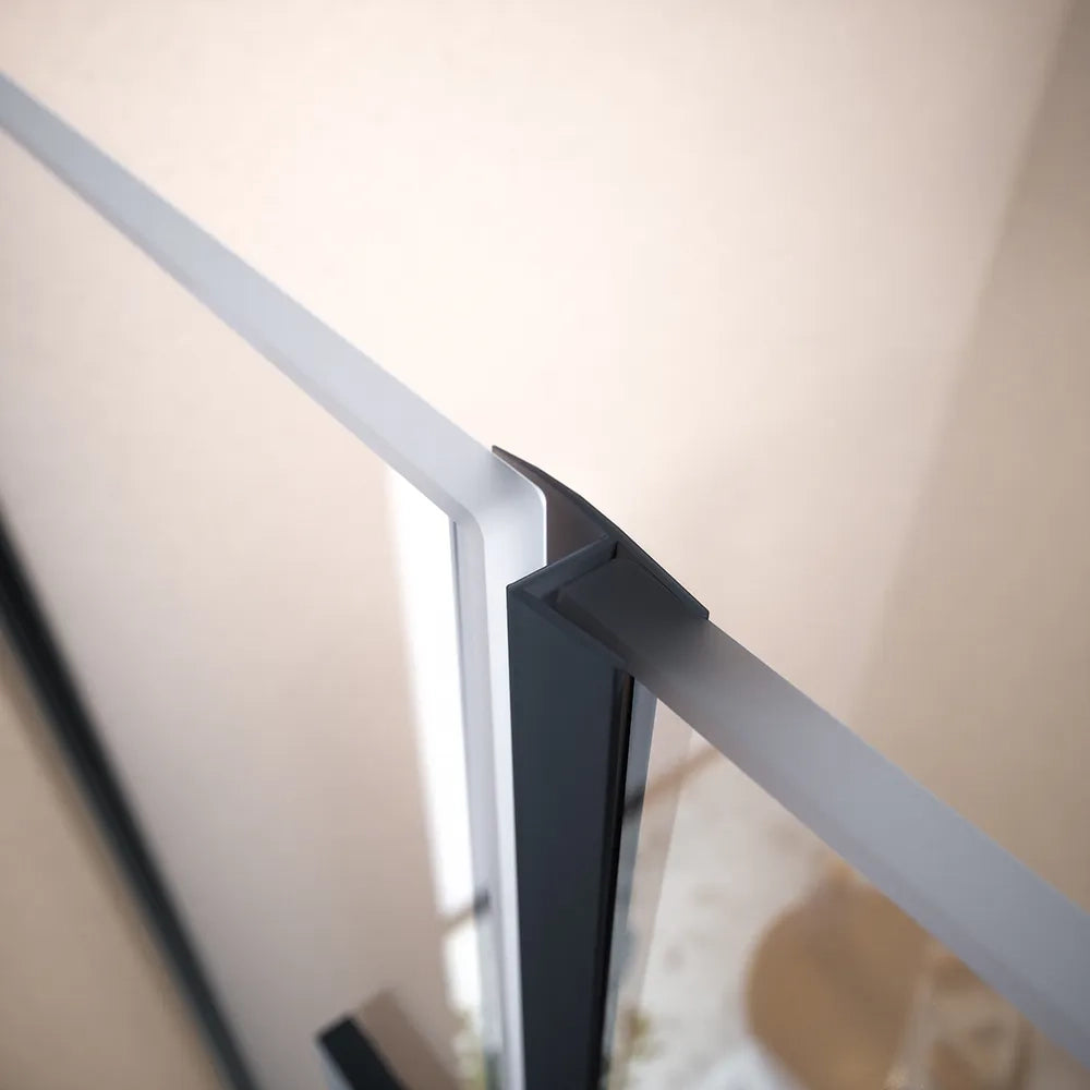 Box doccia angolare 90x90cm doppia anta a libro profili nero opaco e vetro da 8mm trasparente h195 | Fiji