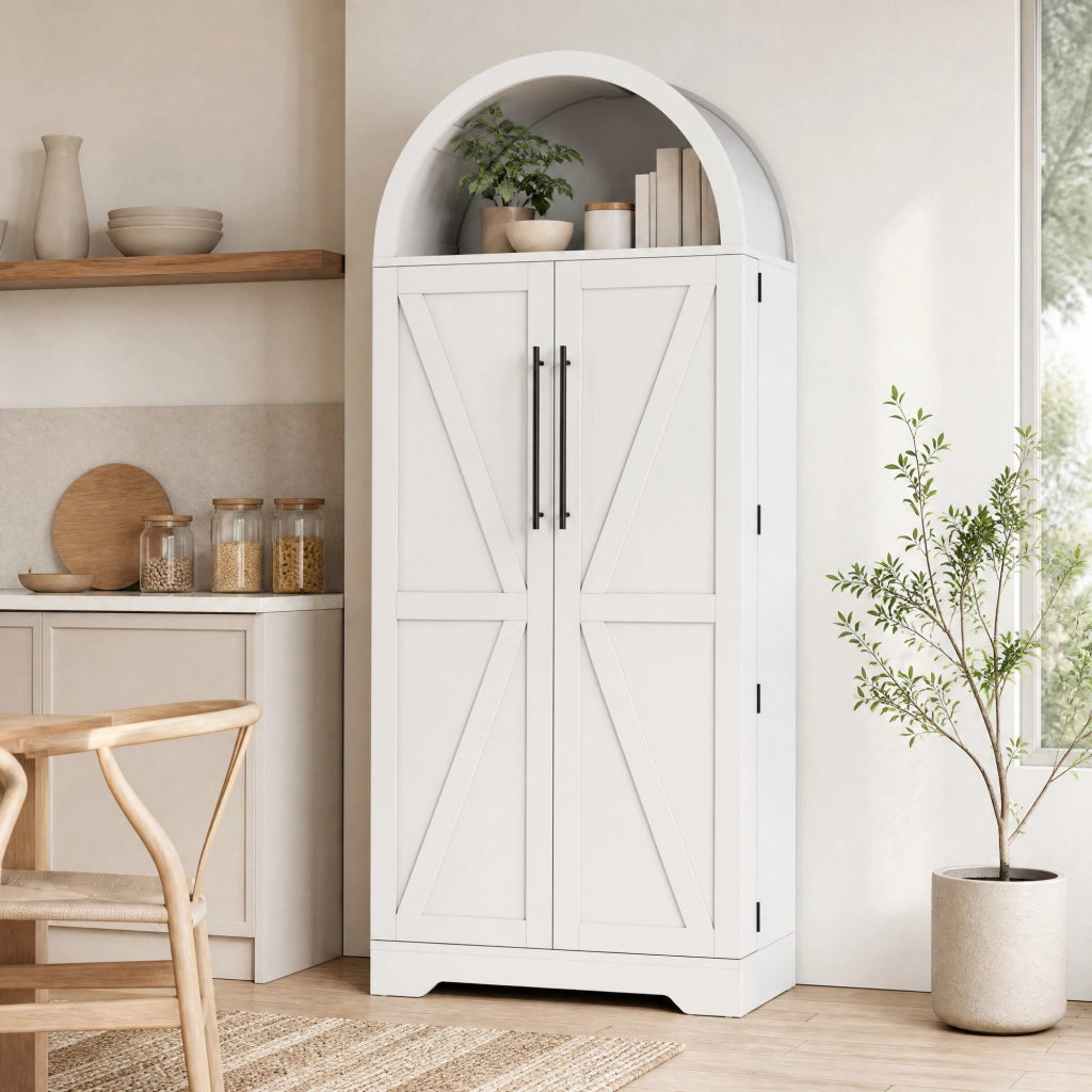 Armadio ad arco moderno 70x40x165 cm bianco in MDF, con vani aperti, ripiani interni e ante con dettaglio X