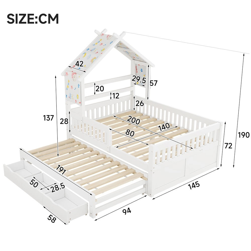 Letto Casetta con Letto Estraibile, 3 Cassetti e Sponde ¨C Xylo ¨C Bianco 140x200