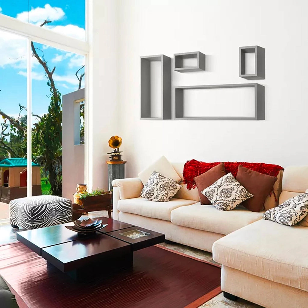 Set 3 Mensole Cubo da Parete Quadrato e Rettangolare in Fibra di Legno Merlino Bianco