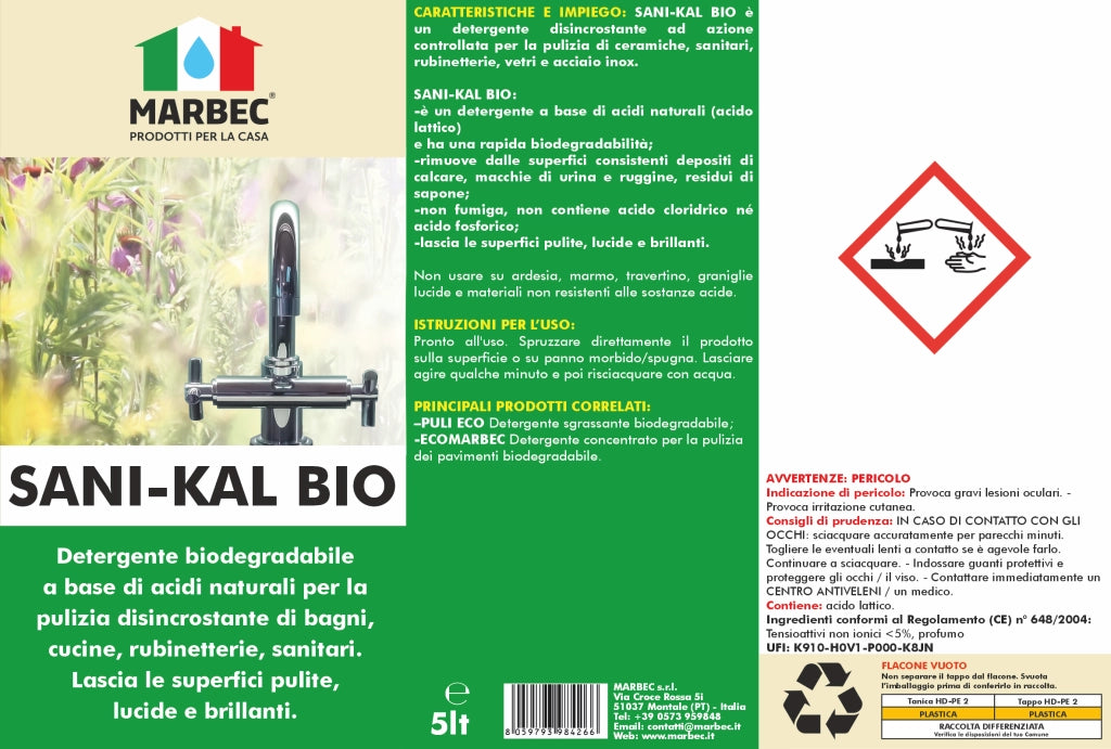 Detergente anticalcare delicato, pulizia efficace e brillantezza duratura Marbec SANI-KAL BIO - 5LTx4Pz