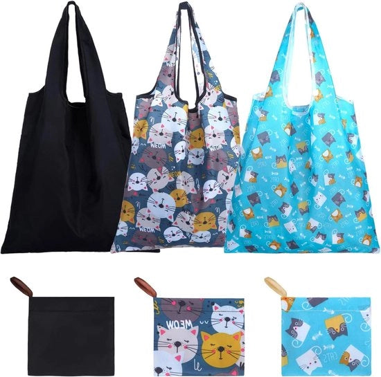 Tas da spesa tridimensionale pieghevole in tre pezzi - Borsa da spesa riutilizzabile per shopping, viaggi e escursioni in nero e blu.