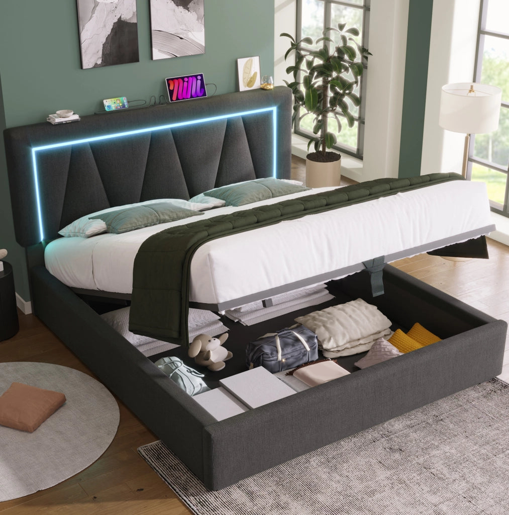 Letto matrimoniale 160x200 con LED, USB e vano contenitore