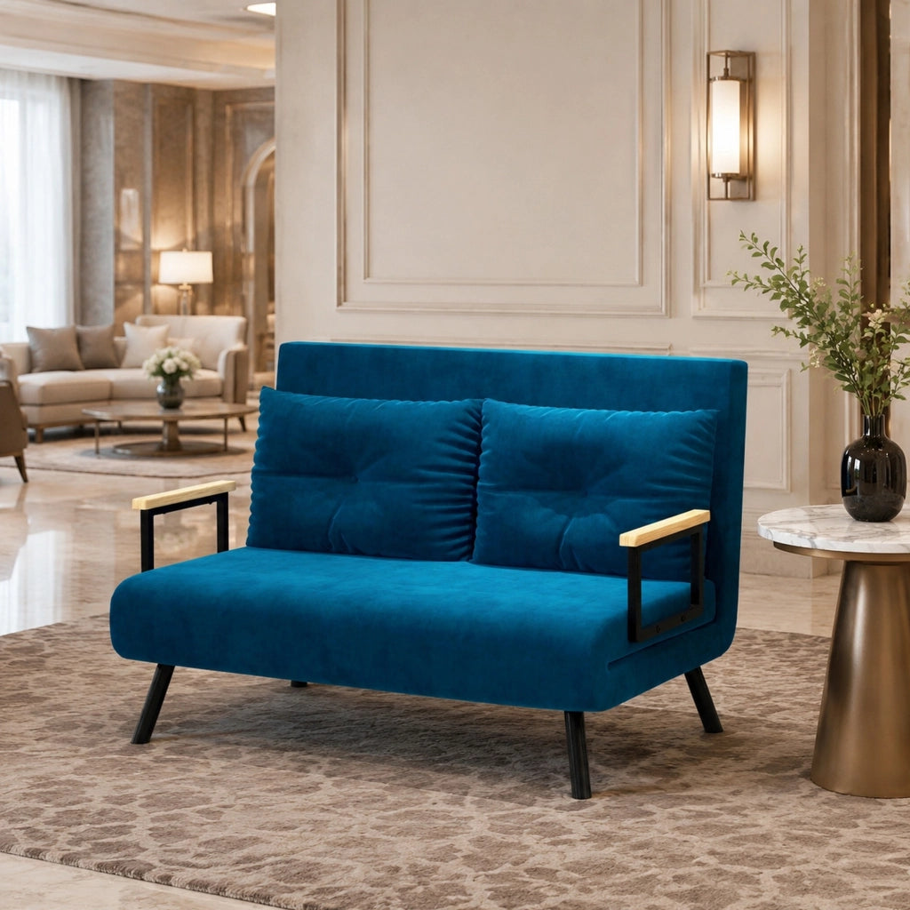 Poltrona letto pieghevole in velluto blu con schienale regolabile; 102x73x81 cm