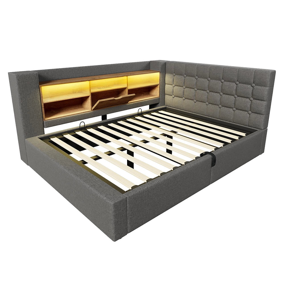Letto imbottito-Xylo-140x200cm LED idraulico testiera a L lino grigio con materasso