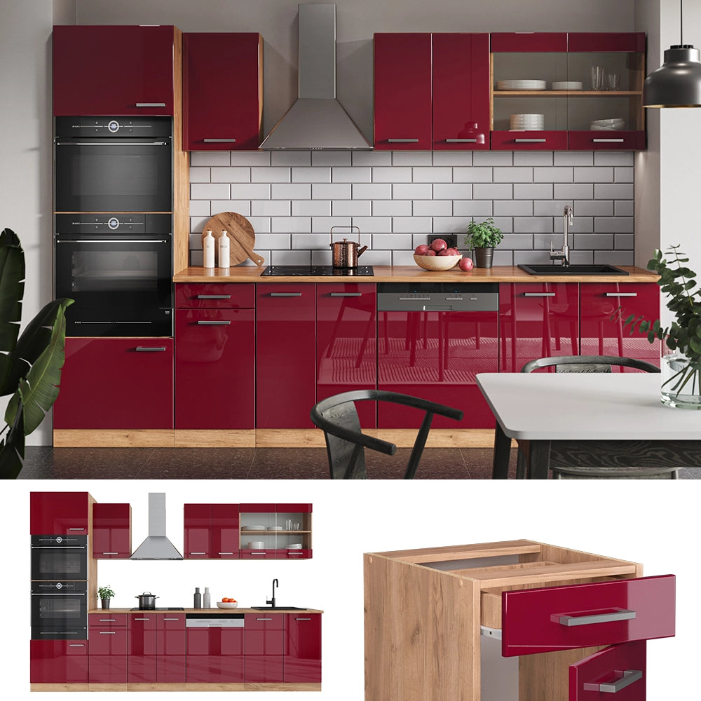 Vicco Cucina componibile Rosso lucido/rovere dorato 300 cm con armadio alto, PL Antracite