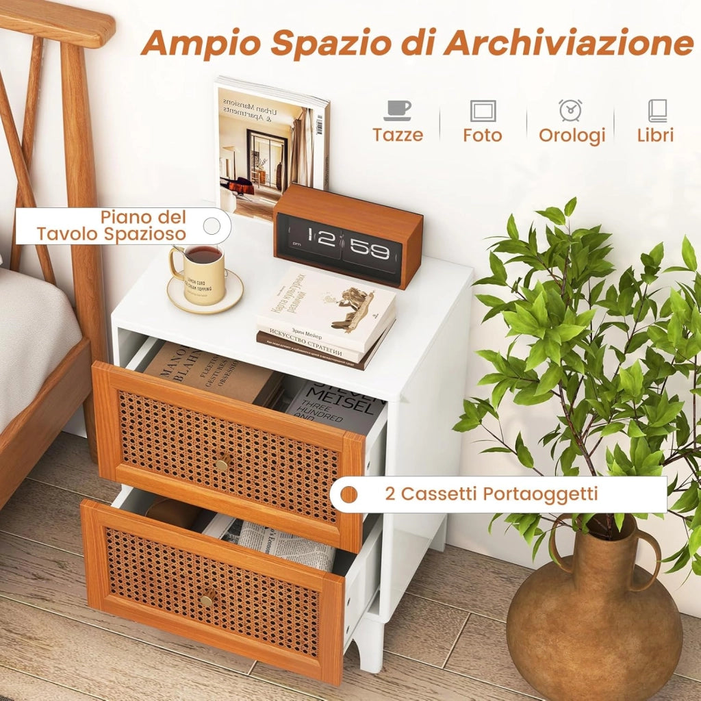 Comodino in Legno con 2 Cassetti, Tavolino Boho con 2 Cassetti Decorati in Rattan Intrecciato, Comodino con Gambe in Legno Massello, per Camera da Letto e Soggiorno, 46 x 33 x 59,5 cm