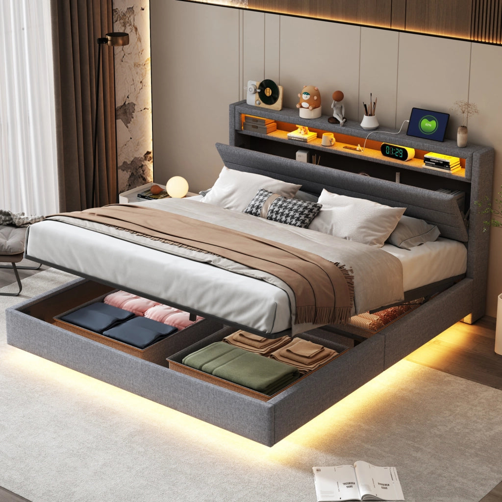 Letto imbottito 160x200 cm con USB; LED e contenitore in lino grigio