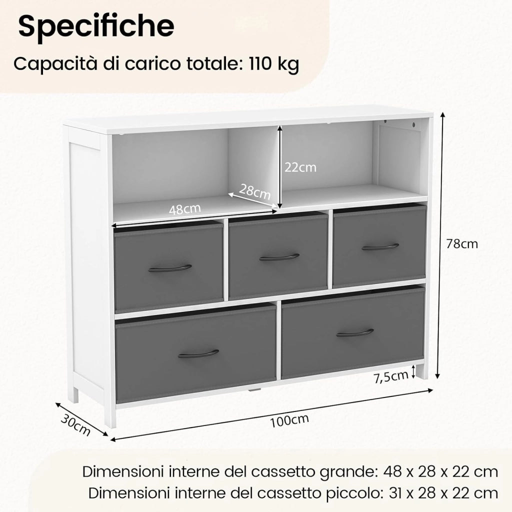 Cassettiera in Tessuto, Cassettiera con 5 Cassetti e 2 Ripiani Aperti, con Contenitori in Tessuto e Ampio Piano, per Camere da letto, Soggiorno e Ingresso, 100 x 30 x 78 cm