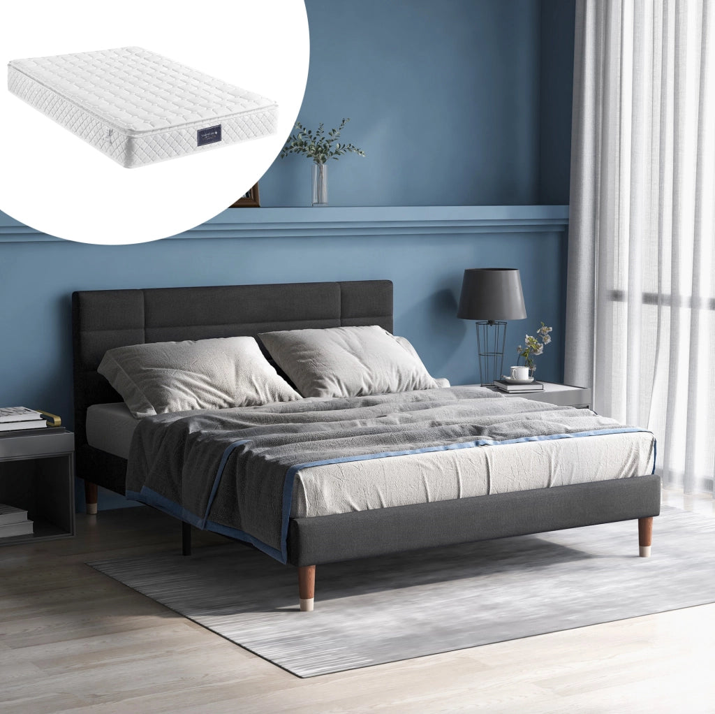 Letto imbottito 140x200 cm effetto lino grigio con testiera e materasso -