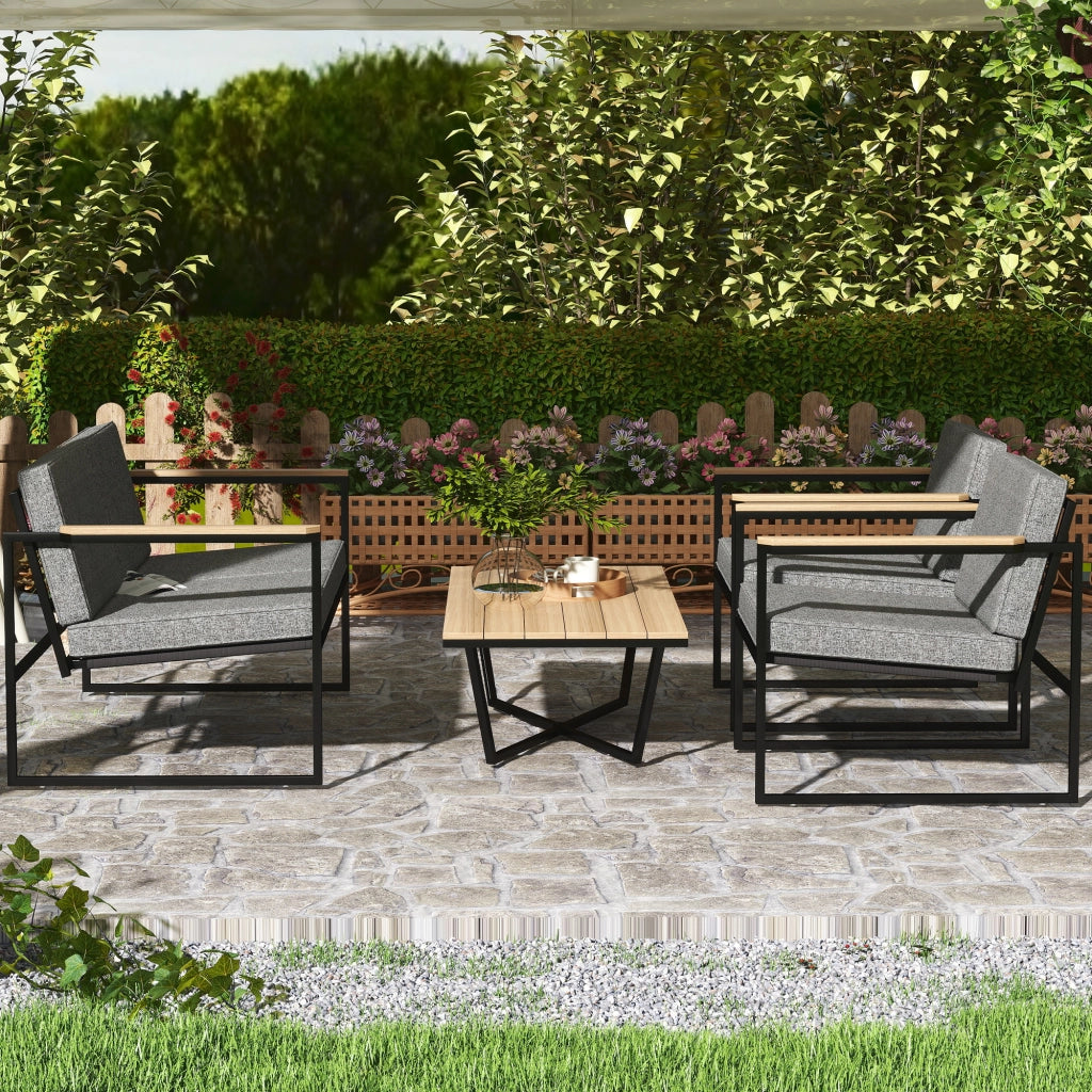 Arredamento da giardino a 4 posti: Divanooo a 2 posti + 2 poltrone + cuscini + tavolino laterale; grigio