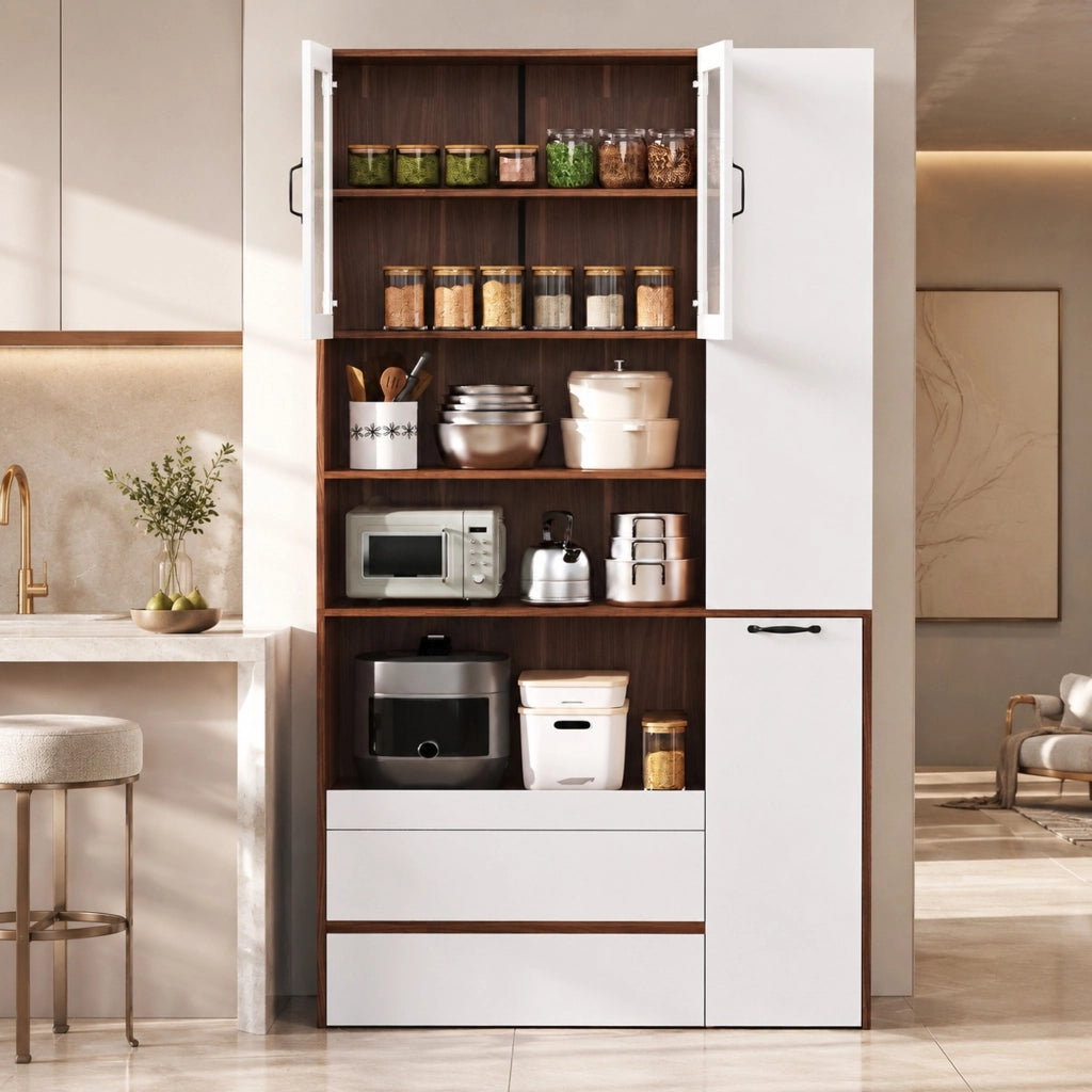 Credenza alta 100x40x200 cm con ripiano estraibile e cassetti in MDF bianco e noce