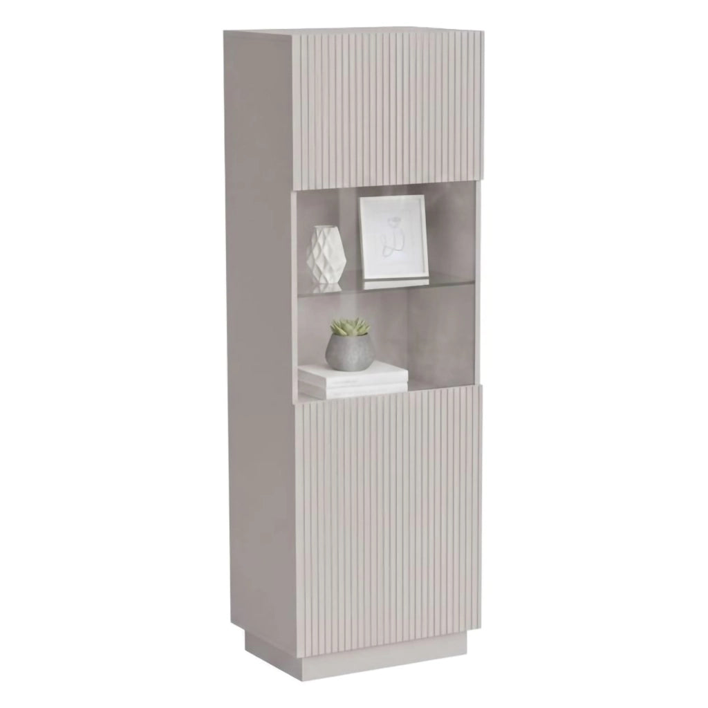Vetrina Vado, Vetrinetta da soggiorno con anta e dettaglio in vetro, Finitura con effetto cannettato, 60x40 h178 cm, Beige