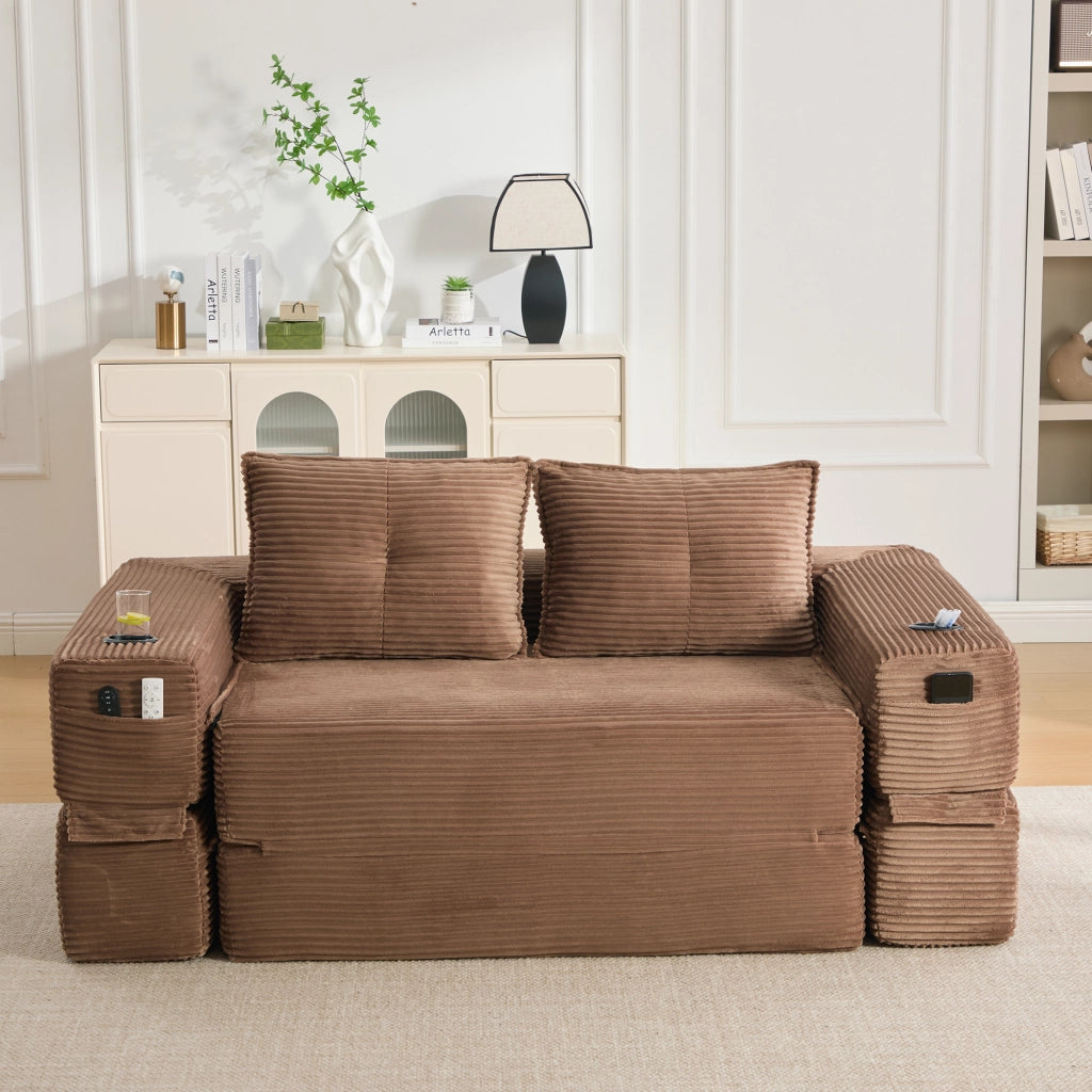 Divano letto modulare con tasche laterali e portabicchieri; cuscini memory in corda marrone
