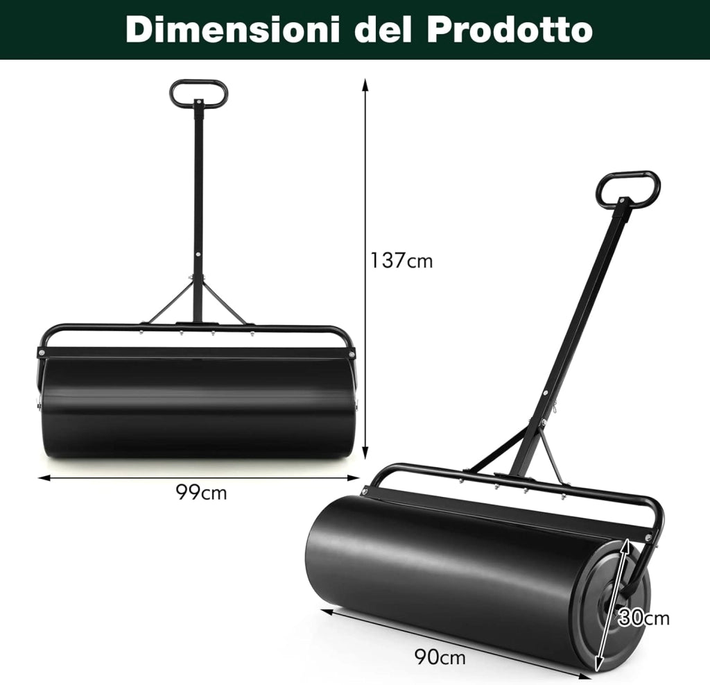 Rullo per Prato in Metallo, Rullo da Giardino Riempibile con 30 Litri di Acqua/Sabbia, con Gancio e Impugnatura Staccabile per Giardino, Prato, Parco e Fattoria (Nero)