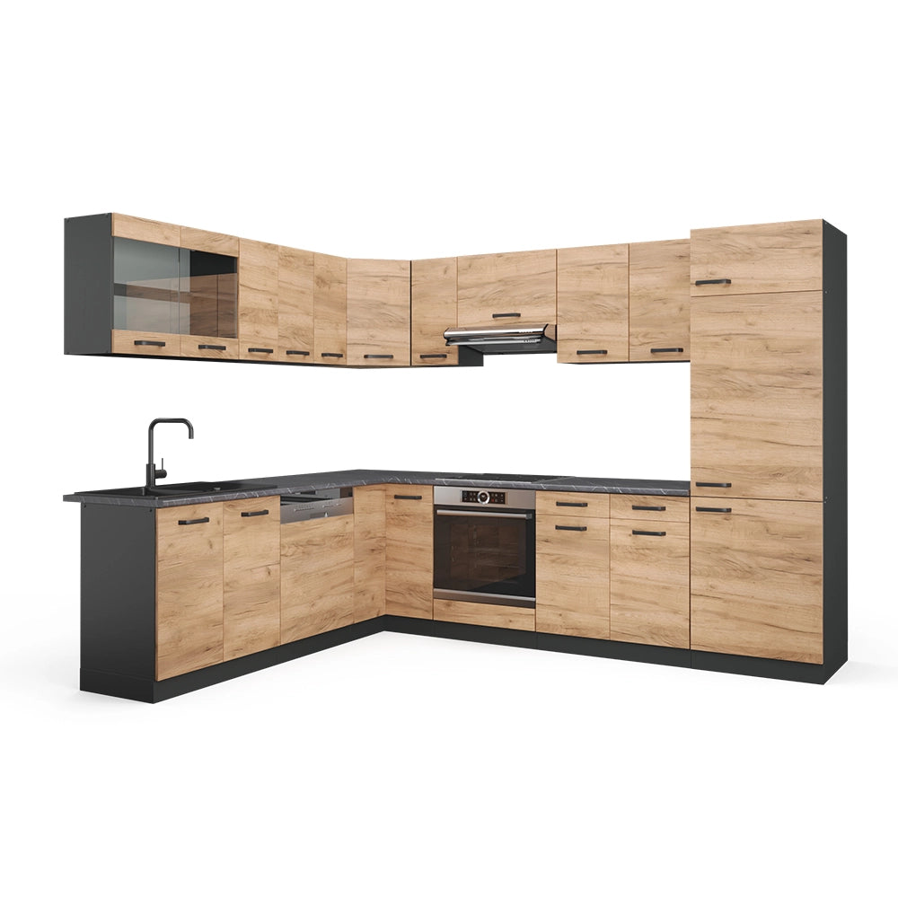 Vicco Cucina angolare completa Quercia dorata/antracite 227 x 287 cm senza piano di lavoro