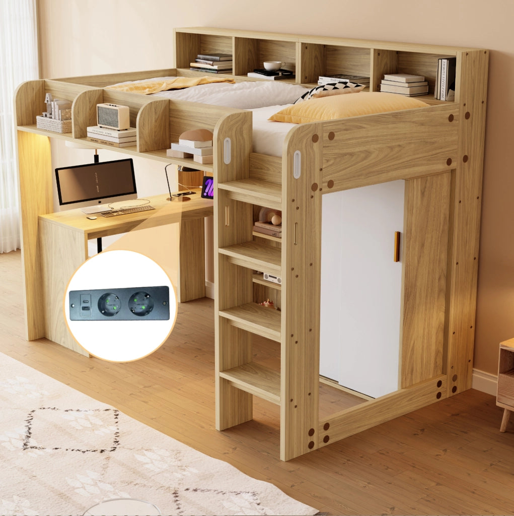 Letto a soppalco 90x200 cm con scrivania, armadio e LED