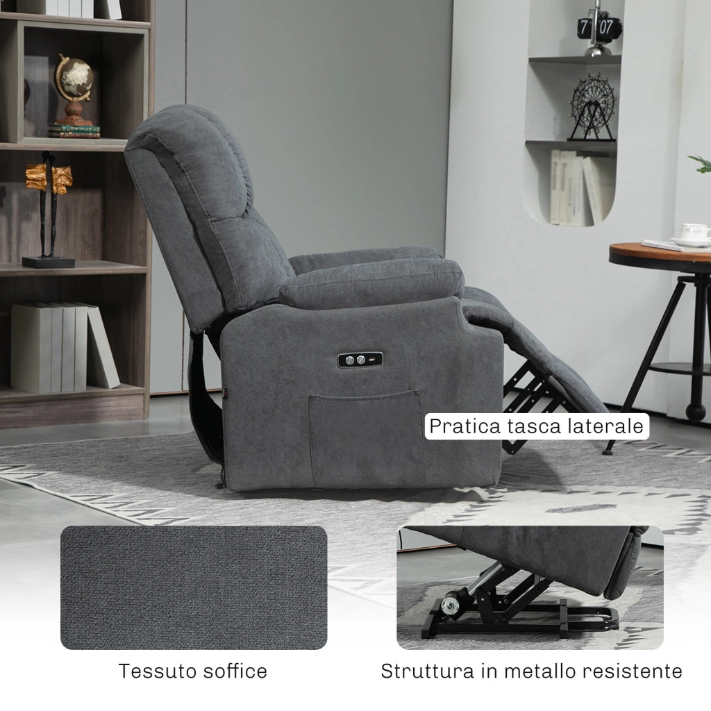 Poltrona Alzapersona con Poggiapiedi ¨C Xylo ¨C Tessuto Grigio Scuro, 84x96x100 cm