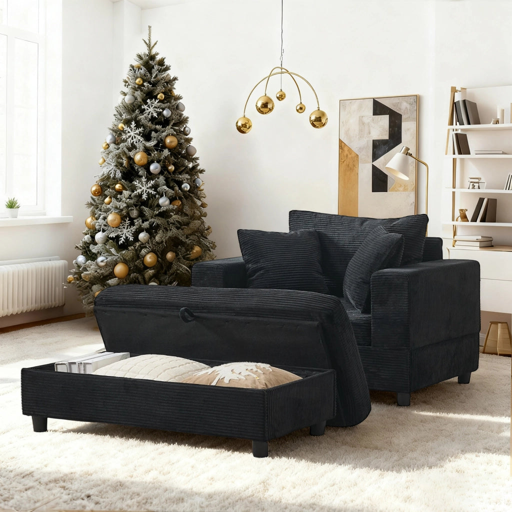 Divano chaise longue con vano contenitore e 3 cuscini in corda, gambe in plastica rinforzata, nero 107 × 74 × 57 cm