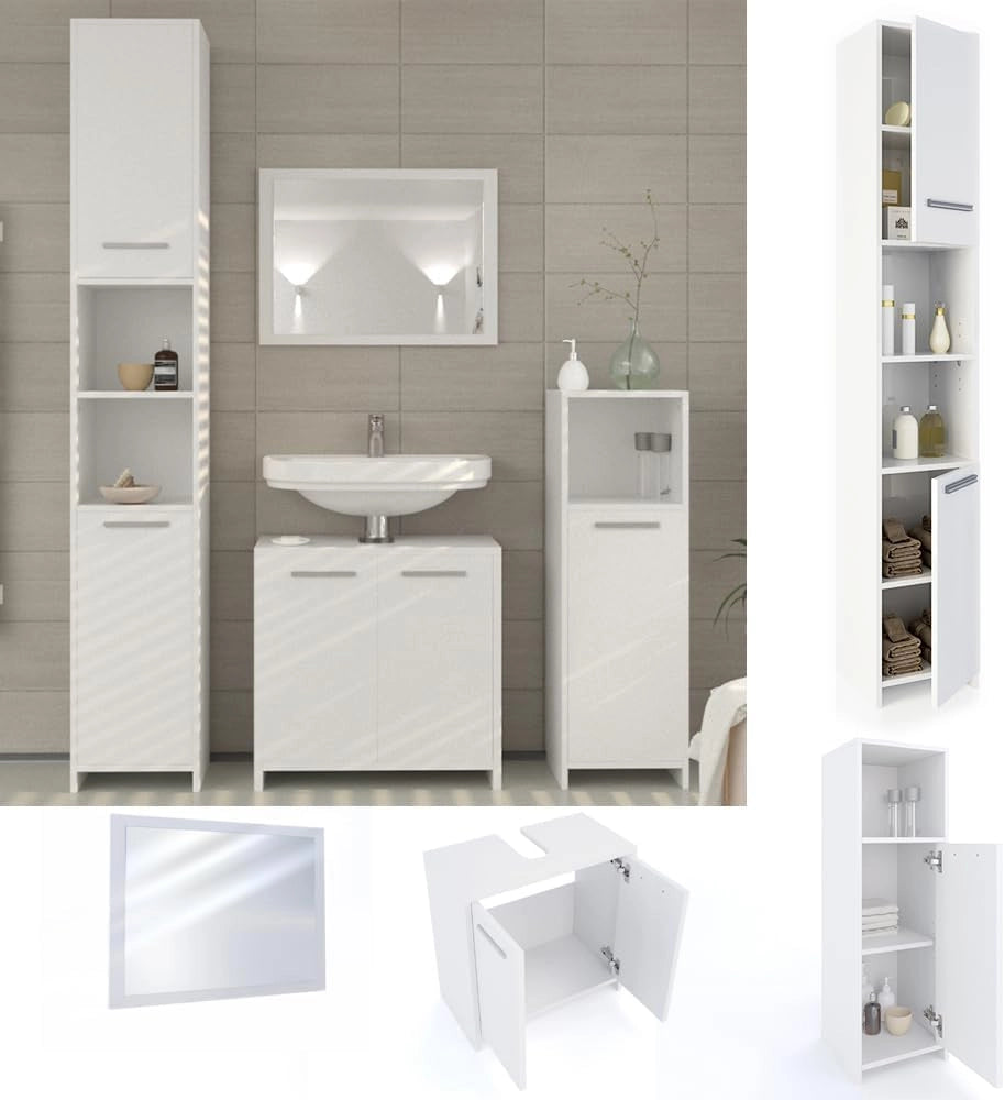 Set mobili bagno Kiko, Bianco, 58 cm, composto da mobile lavabo, pensile a specchio, colonna e base media