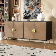 Credenza 160x40x75 cm a 4 ante con chiusura ammortizzata; MDF e pannello truciolare nero e legno