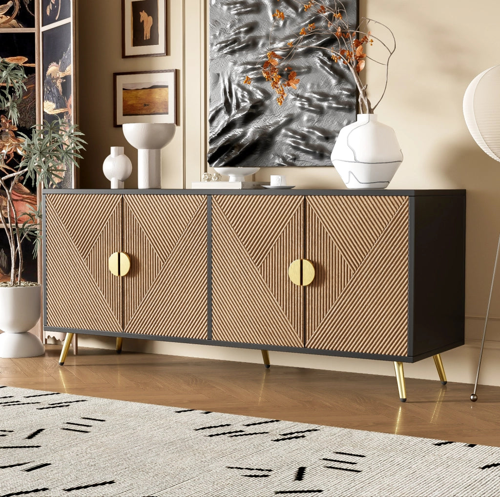 Credenza 160x40x75 cm a 4 ante con chiusura ammortizzata; MDF e pannello truciolare nero e legno