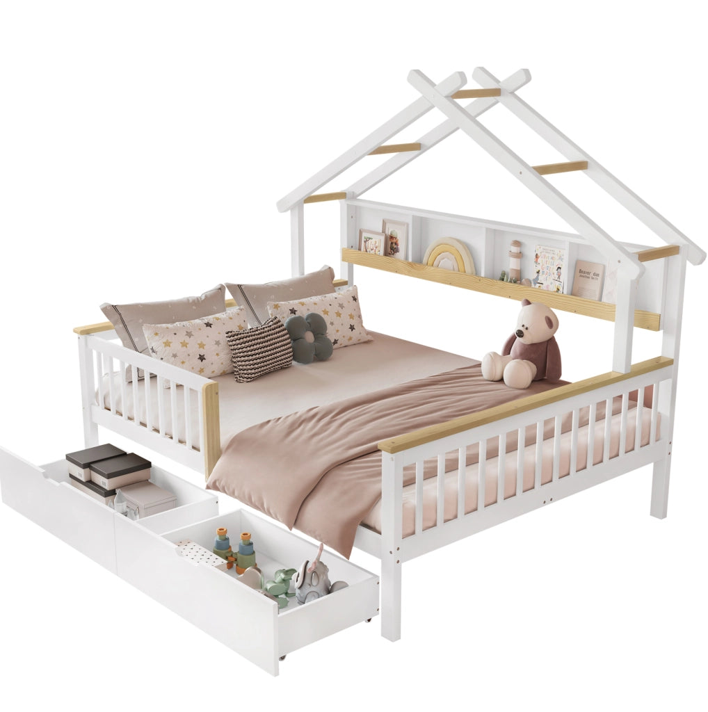Letto per bambini 140x200 cm con sponde; cassetti e tetto in legno e MDF; bianco e naturale