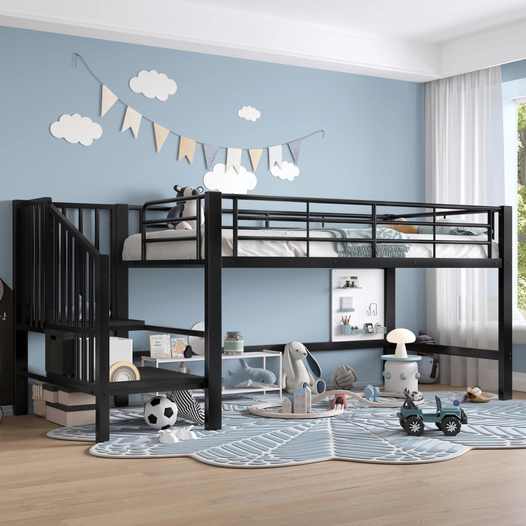 Letto alto semialto nero con scala contenitore in MDF e metallo 90x200 cm