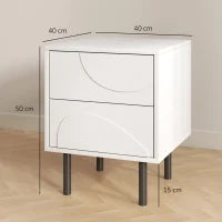 Comodino con 2 cassetti ad apertura a pressione e piedi in acciaio, 40x40x50 cm, Bianco
