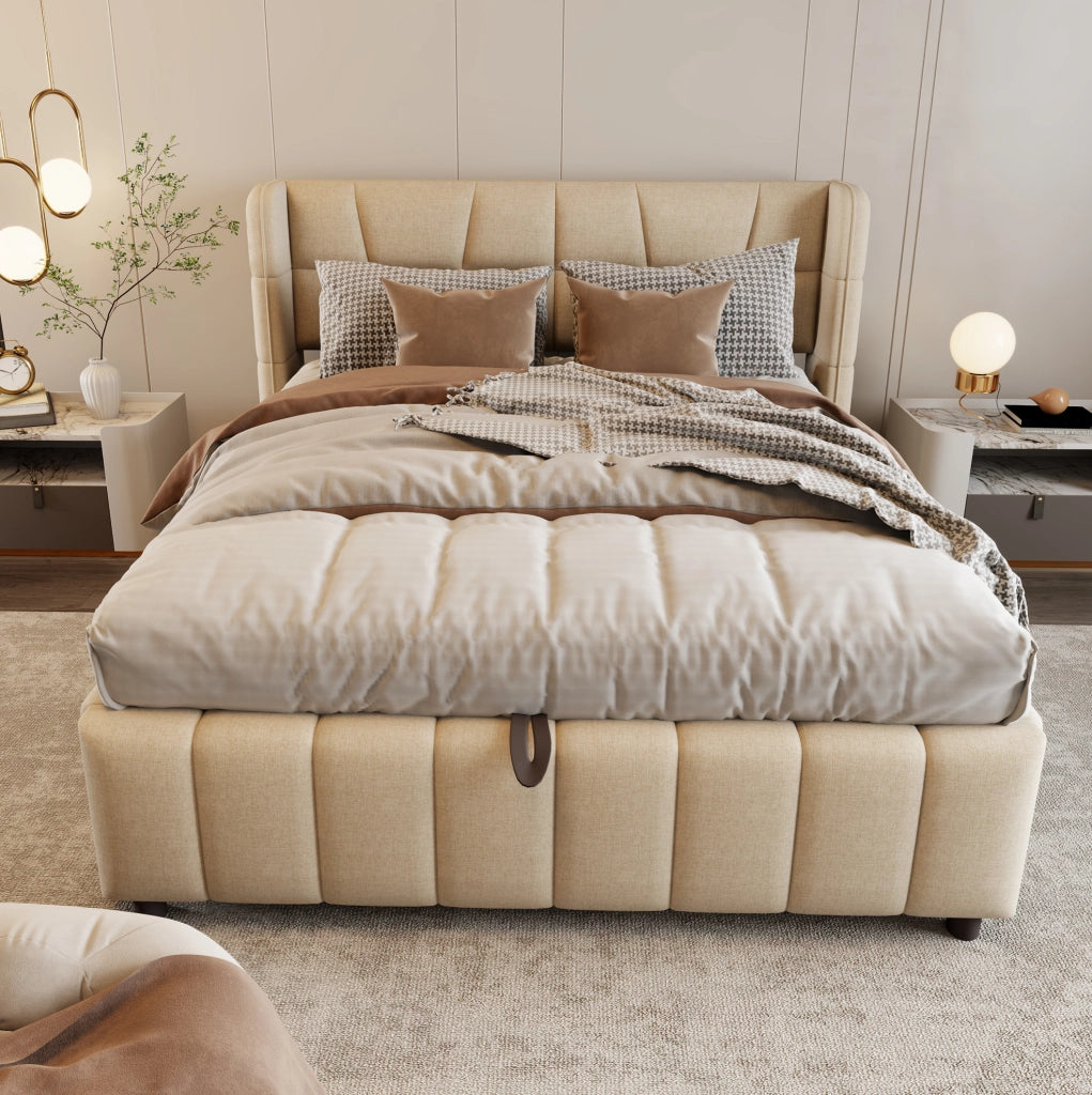 Letto imbottito contenitore 140x200 cm beige con sollevamento
