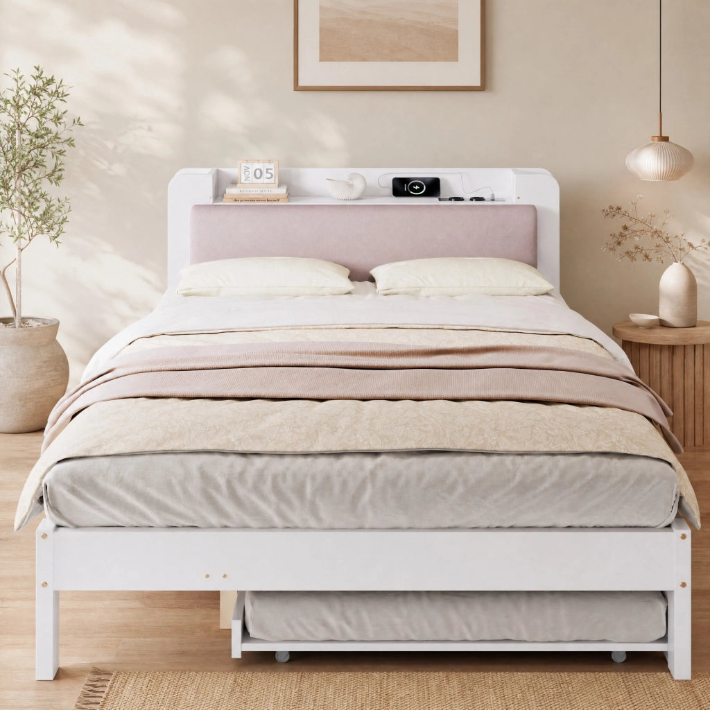 Letto Estraibile 120x200 cm; Letto 2 Posti con Stazione di Ricarica e Mensole - Bianco