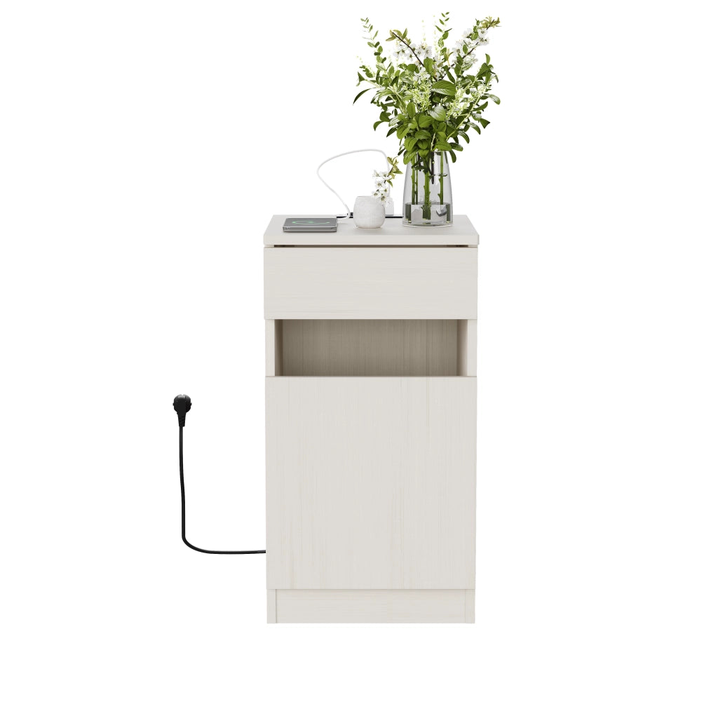 Comodino con stazione di ricarica USB-A, USB-C e presa AC, 33 x 40 x 61,5 cm, finitura bianco legno chiaro, con cestino incluso