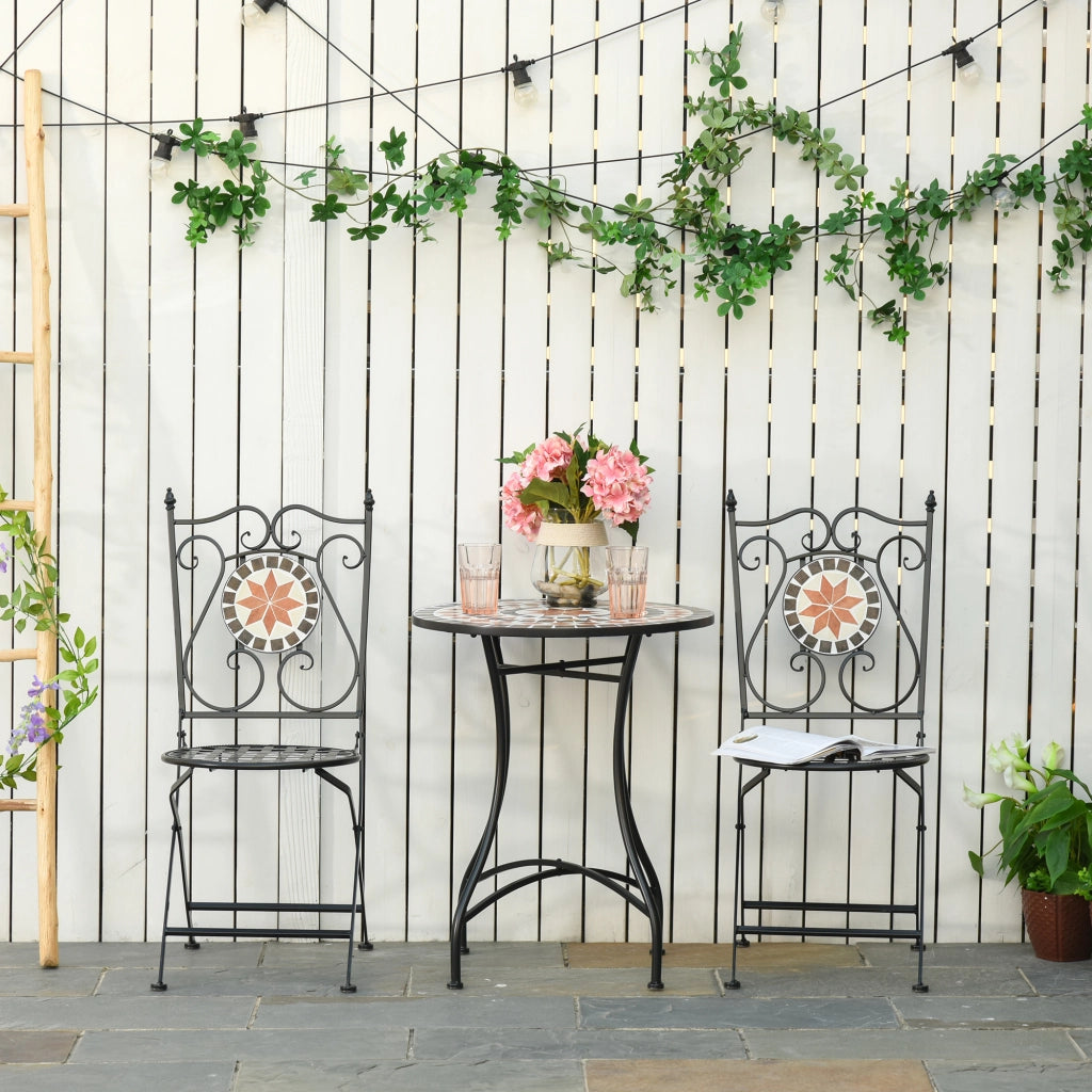 Mobili da Giardino Set da 3 Pezzi con 2 Sedie Pieghevoli e 1 Tavolino, in Metallo e Ceramica