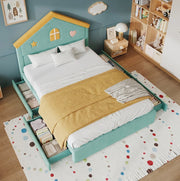 Letto imbottito per bambini a casetta 140x200 cm con 4 cassetti; velluto francese blu-verde