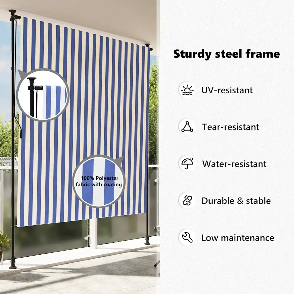 Tenda a Rullo Esterno Blu e Bianca 150x270cm Tessuto e Acciaio