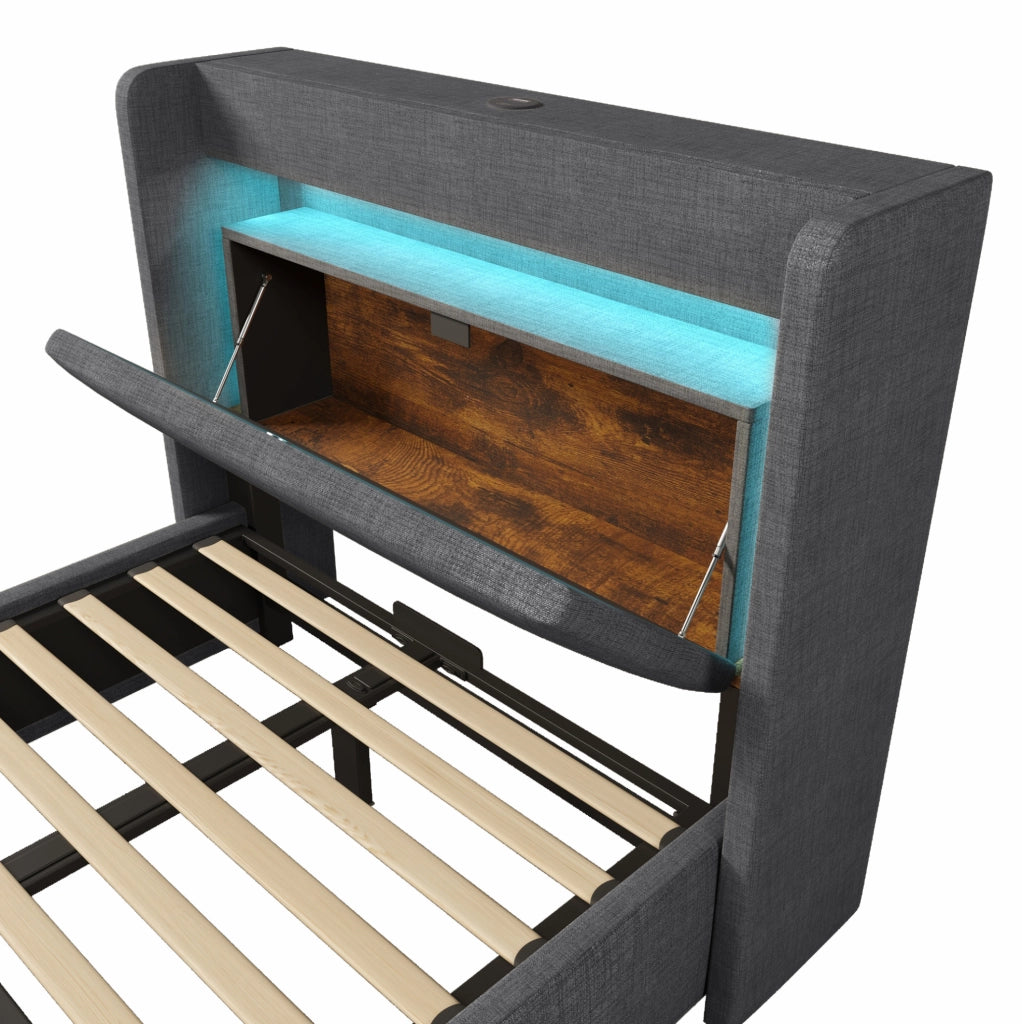 Letto imbottito 90x200 cm con contenitore idraulico; LED; USB e USB C; lino grigio