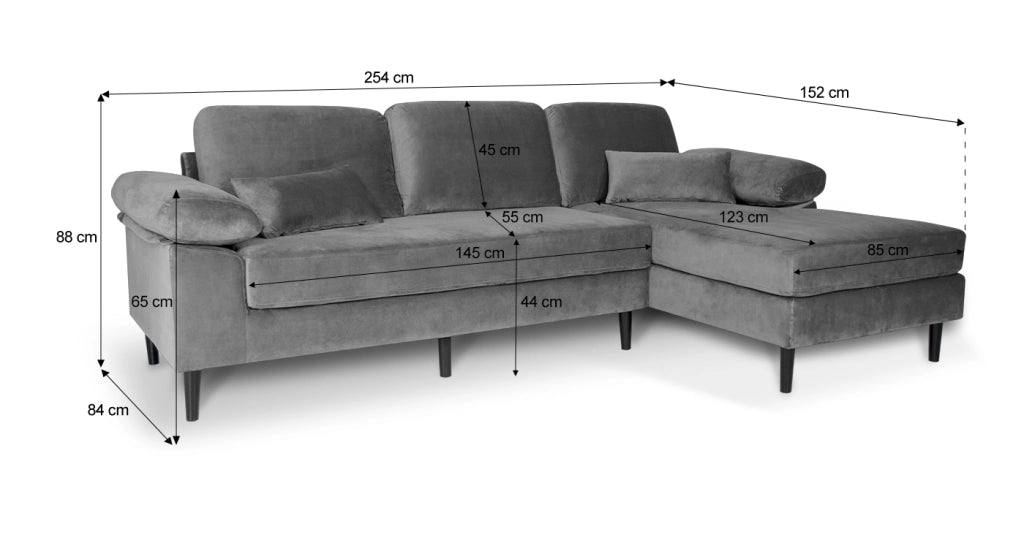 Divano angolare 3 posti con chaise longue destra velluto grigio - Washington - DI-WA01VLT-CLDX