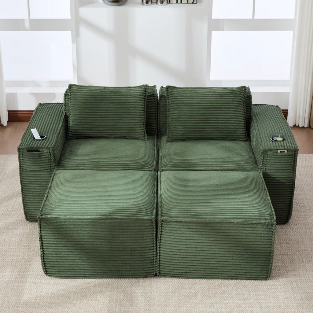 Divano modulare a 2 posti in tessuto effetto corda con portabicchieri e tasche laterali verde 188 × 162 × 75 cm