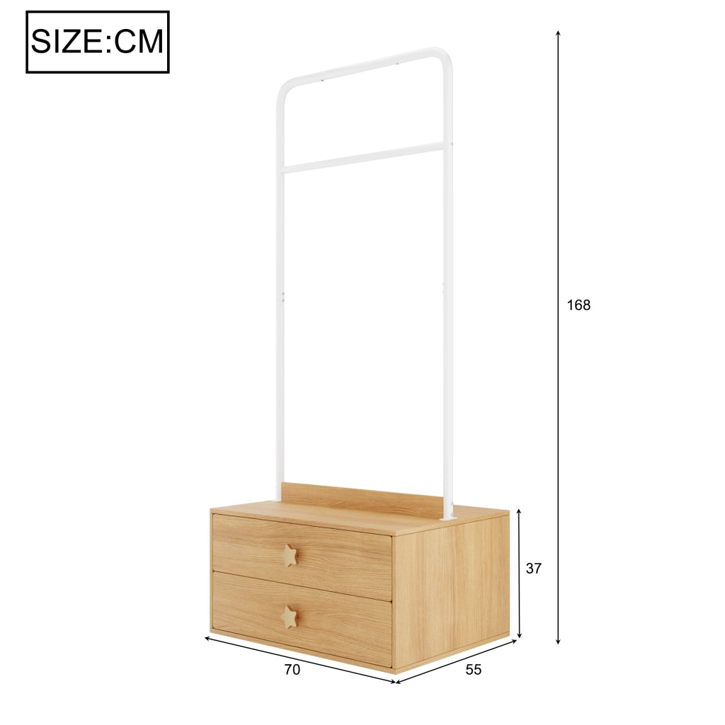 Scaffale con asta appendiabiti e 2 cassetti con maniglie a forma di stella in mdf colore legno naturale 70 × 55 × 168 cm