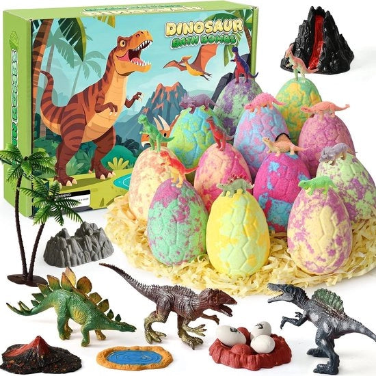Bombe dinosauri con sorpresa - 12 pezzi - Giocattoli per bambini - Palline da bagno - Terapia aromatica naturale - Avvertenza di sicurezza