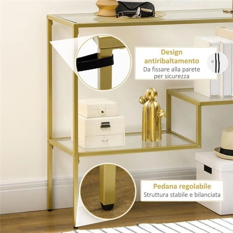 CONSOLLE DA INGRESSO A 3 RIPIANI IN ACCIAIO E VETRO TEMPERATO 100X32X76 CM ORO