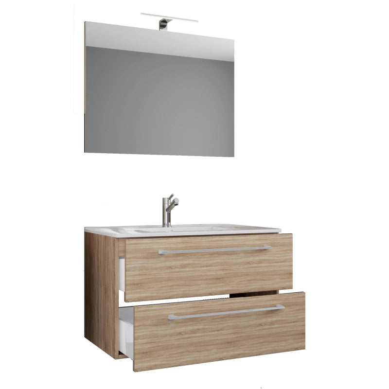 Completo di Ezooza Mobile Sospeso con 2 cassetti Extra Large con lavabo in ceramica di alta qualità e specchio, Rovere Sonoma ,