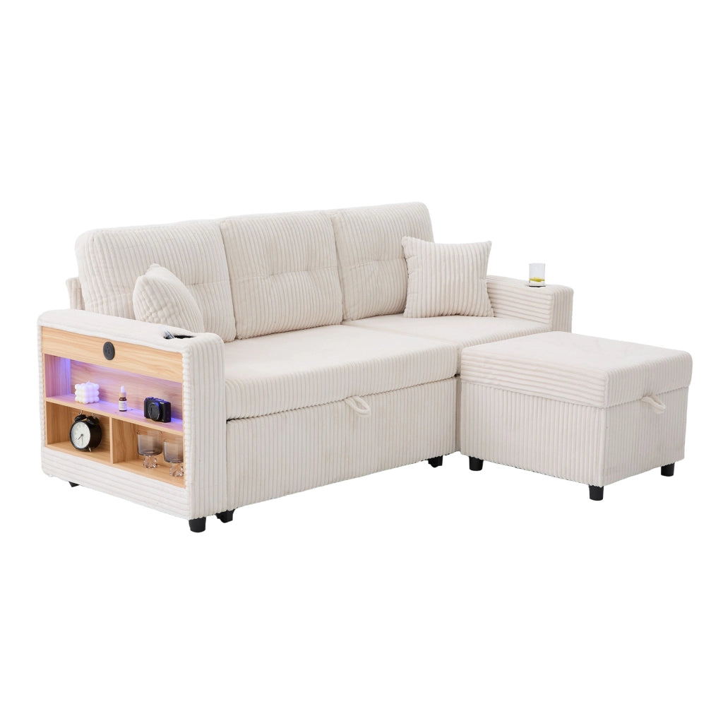Divano in corduroy con contenitore; letto estraibile e USB-C; beige 196 cm