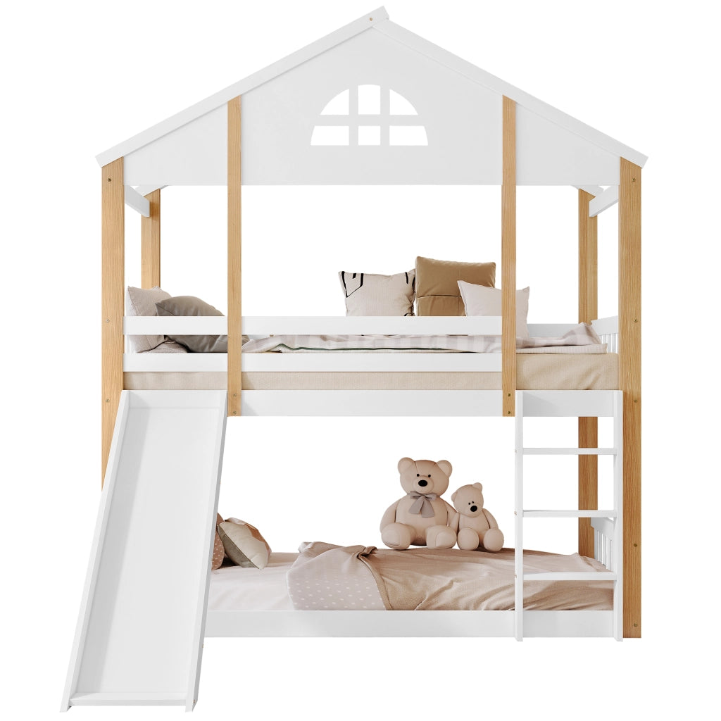 OKWISH Letto a Castello 90×200 cm, Letto Singolo con Scivolo, Scala 3 Gradini e Finestra, senza Materasso, in Legno, Bianco e Naturale