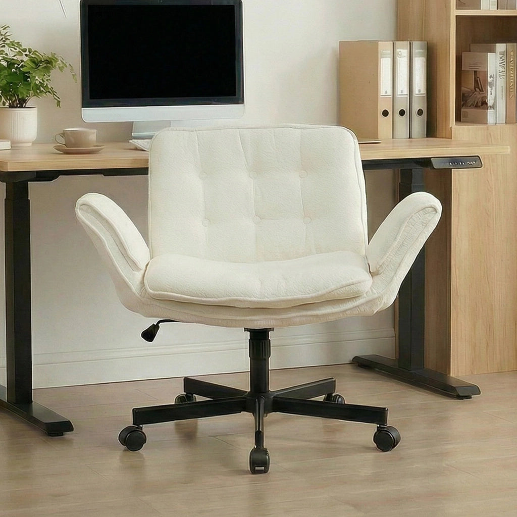 Sedia da ufficio girevole con braccioli regolabili a 5 livelli seduta in memory foam chenille bianca con ruote silenziose