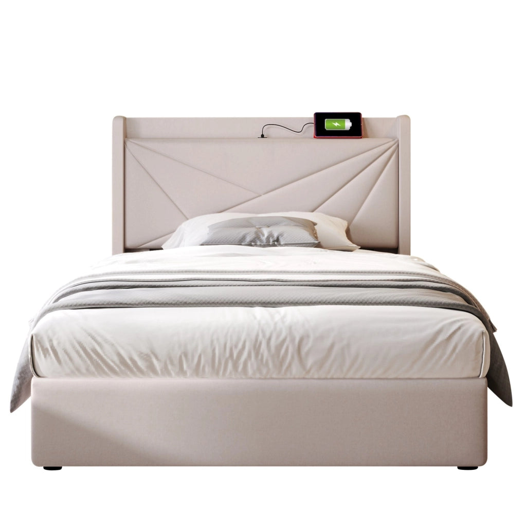 Letto singolo con contenitore 90x200 cm in cotone lino beige; testiera con USB e Tipo C