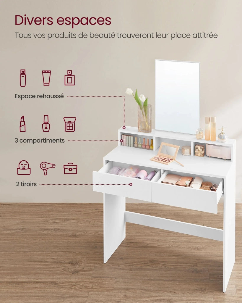 Toletta con specchio rettangolare tavolo da trucco con 2 cassetti e 3 vani portaoggetti stile moderno bianco 12_0005167